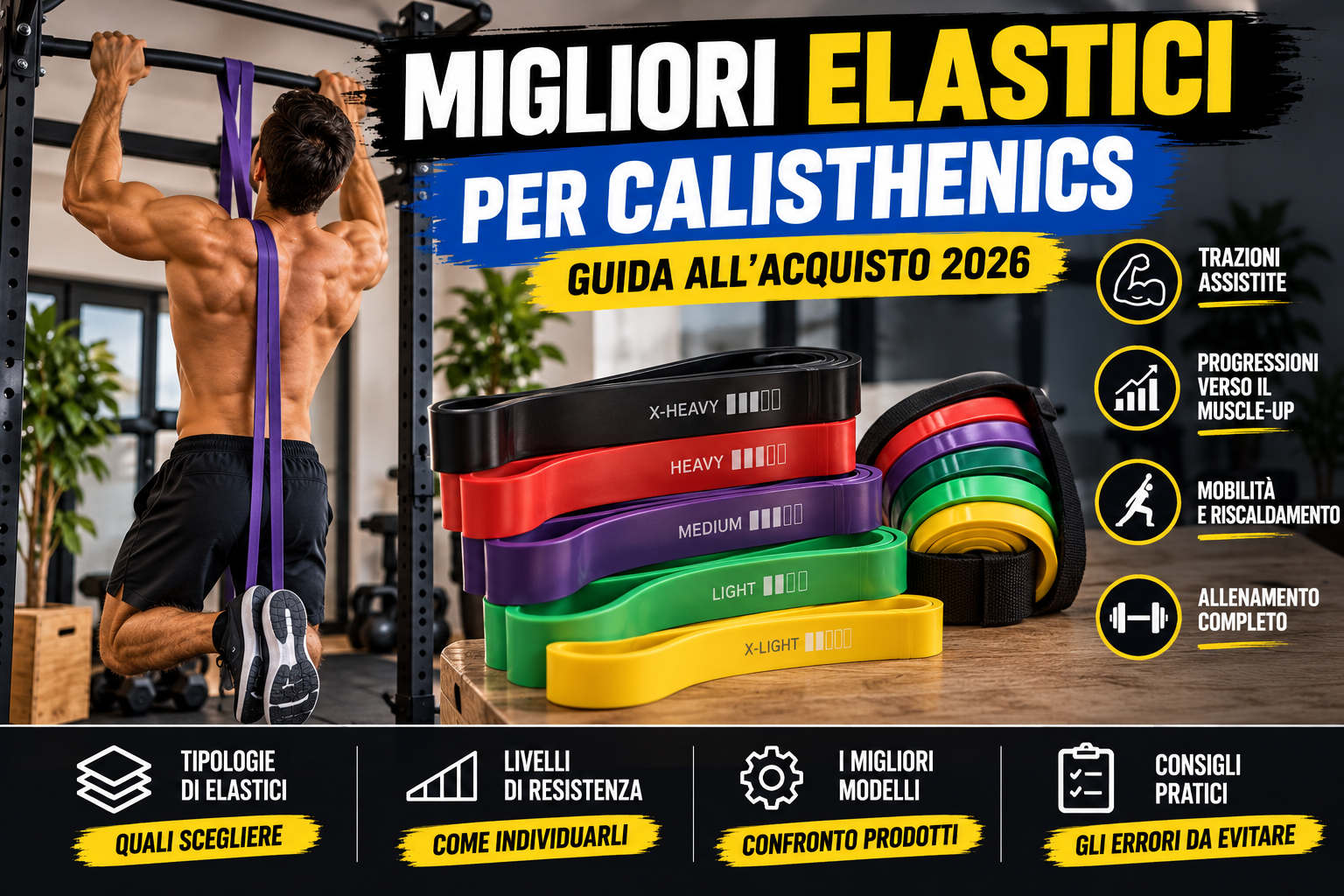 Elastici per calisthenics di diverse resistenze e atleta che esegue trazioni assistite alla sbarra. migliori elastici per calisthenics